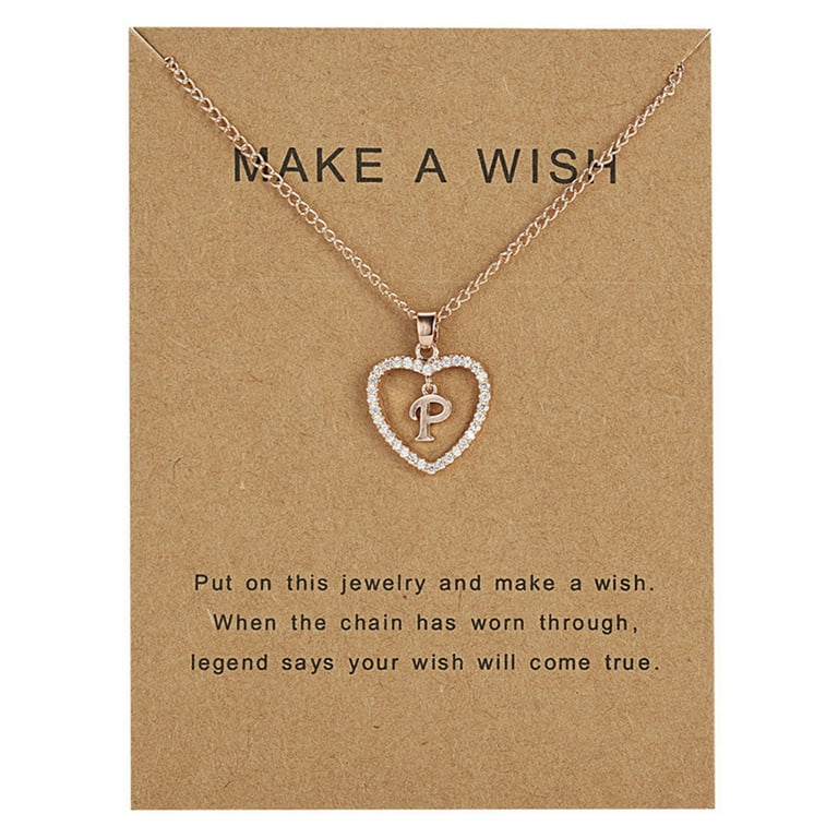 Sonceds 26 Letters P Heart Shape Pendant Necklace Rhinestone Rose