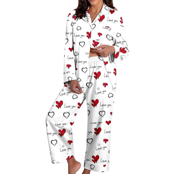 SJLDQY Valentines Women's Pajamas Set 2 Peice Pjs Set for Women Valentine's Day Love Heart Graphic Long Sleeve Pajama Tops Pants Soft Comfy Homewear Sleepwear Outfits