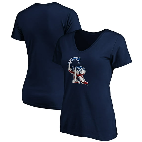 Women's Navy Colorado Rockies Logo Banner Wave V-Neck T-Shirt