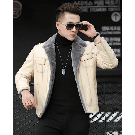 Young Men's Winter Warm Coat Genuine Sheepskin Shearling Natural Real Leather Motorcyclist Biker Jacket for Male Thick Wool Liner Off-white XXXL 3XL,XXXL,Off-White