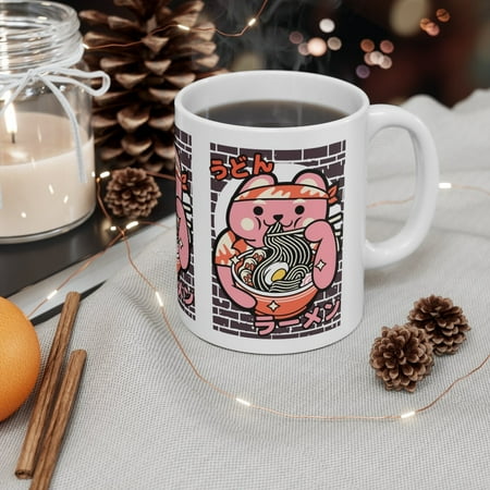 

TraQunn Japanese Cat Eating Ramen Noodles Mug 11 Oz 330ml Cartoon Asian Food Gift