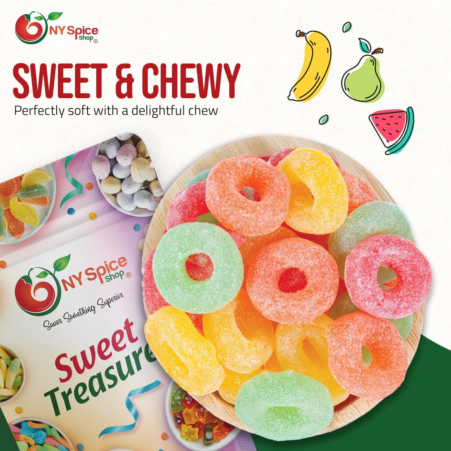 NY SPICE SHOP Assorted Fruit Jelly Rings Candy - 3 Pound - Fruit Jelly Rings - Assorted Jelly Candy Rings - Fruit Flavored Jelly Rings - Sugar Coated Jelly Rings - Mixed Fruit Jelly Rings