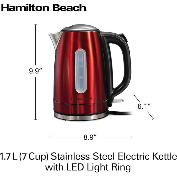 Electric Tea Kettle, Water Boiler & , 1.7 Liter, Cordless Serving, 1500 for Fast Boiling, Auto-Shutoff and Boil-Dry Protection, Red with LED Light Ring (41060)