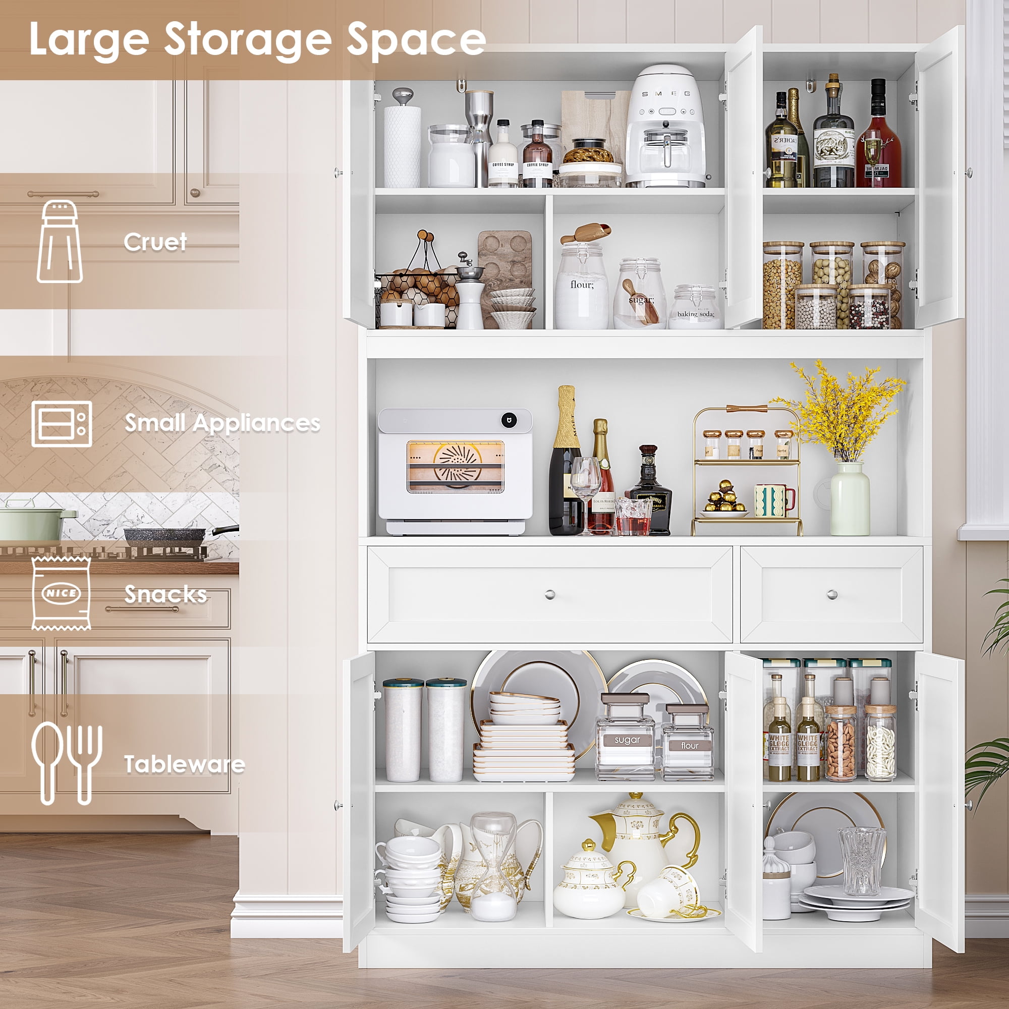 Homfa 72" Tall Kitchen Pantry with Microwave Shelf, Freestanding Kitchen Cupboard, Floor Cabinet for Dining Room, White