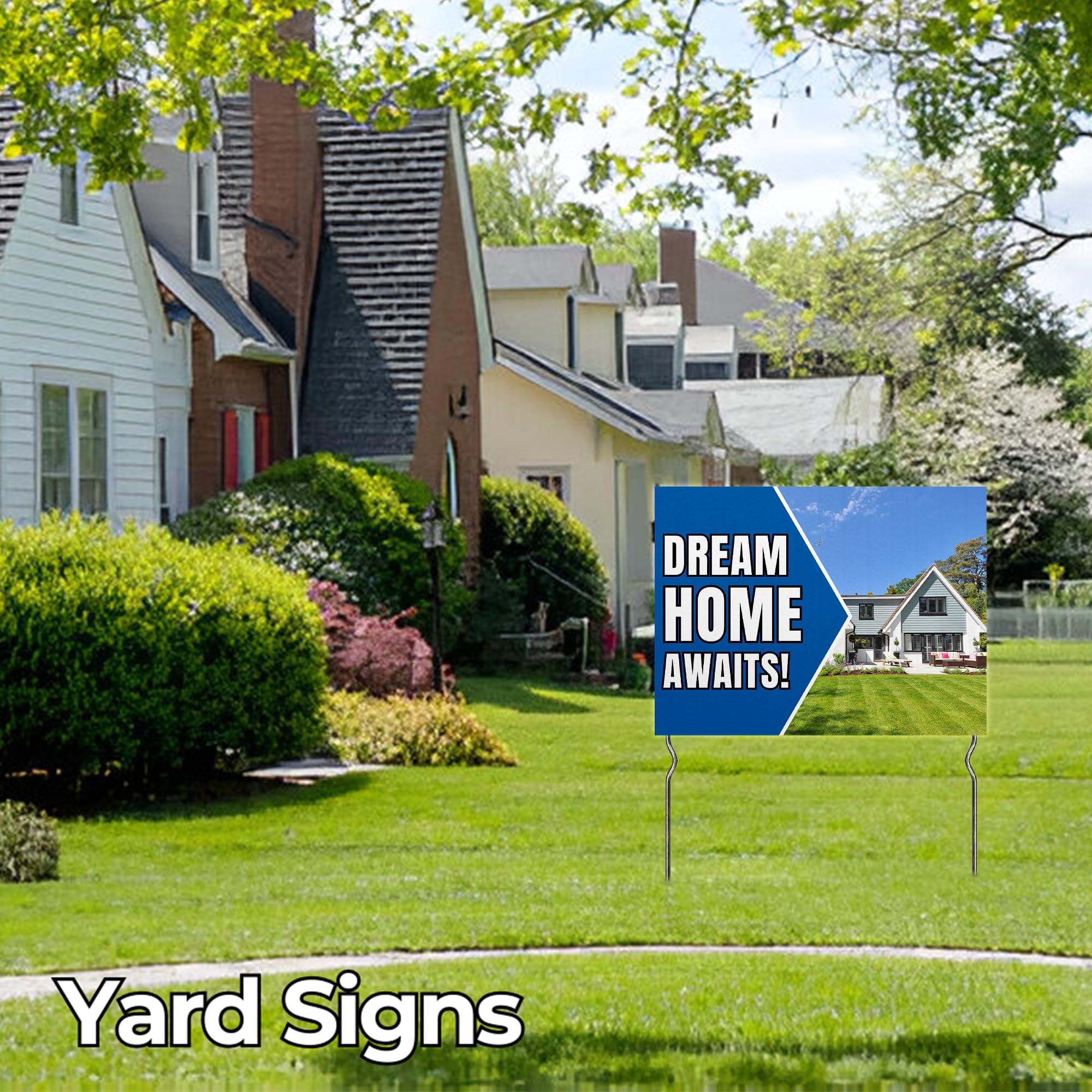 Dream Home Awaits! Yard Sign by DC | 24"x18" Double Sided Real Estate Garden Sign with 13” Metal Stakes | Outdoor Signs Waterproof for Lawn, Patio, Sidewalk & House | Set of 1 | Made in USA