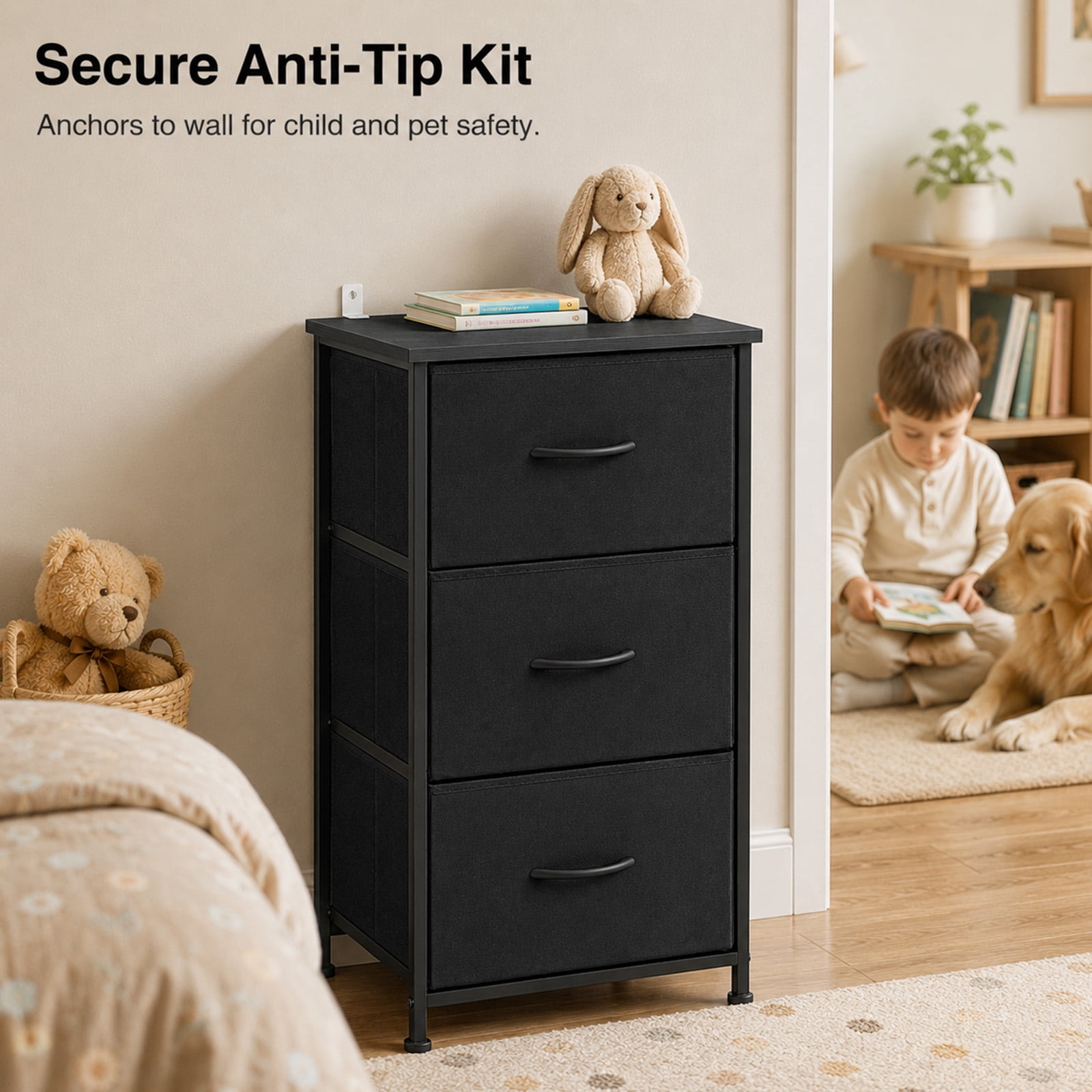 Alvantor 3-Tier Drawer Fabric Dresser, Roomy Fabric Drawers, Compact Nightstand, Bedroom or Closet Use, Chest Of Drawers, Dresser for Small Spaces