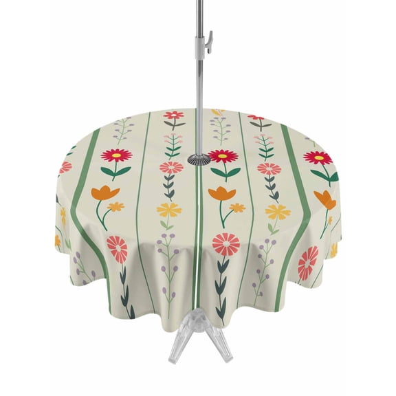 Outdoor Tablecloth with Umbrella Hole for Patio/Picnic/Party/Camping, Green Spring Floral Waterproof Table Cloth Round Cover Washable, Colorful Summer Flowers Vintage Botanical (Dia 54")