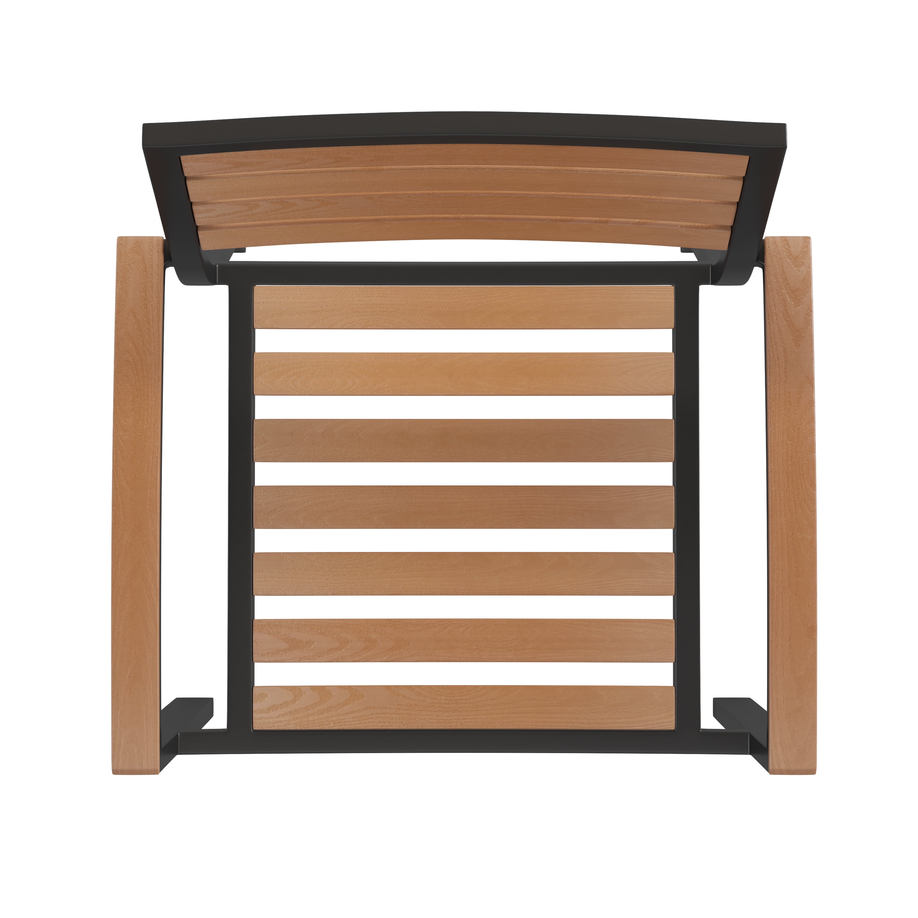 BizChair Outdoor Stackable Faux Teak Side Chair - Commercial Grade Black Aluminum Patio Chair with Synthetic Teak Slats - Set of 4