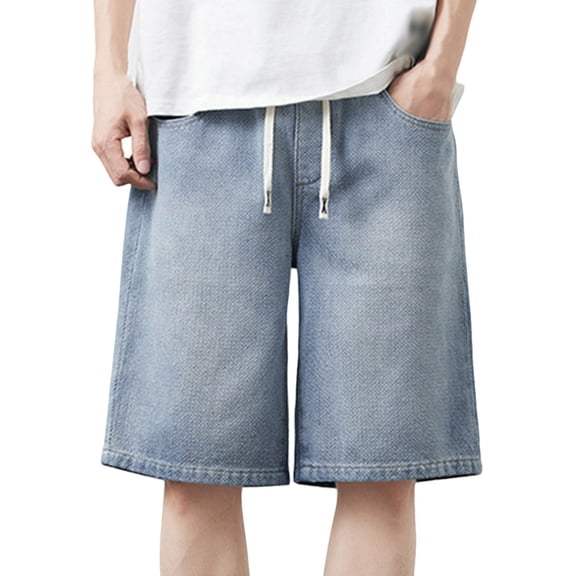Men's Baggy Jean Shorts Below Knee Length Loose Fit Denim Shorts Y2K Streetwear Jorts 90s Vintage Wide Leg Short Pants, Elastic Waist Drawstring