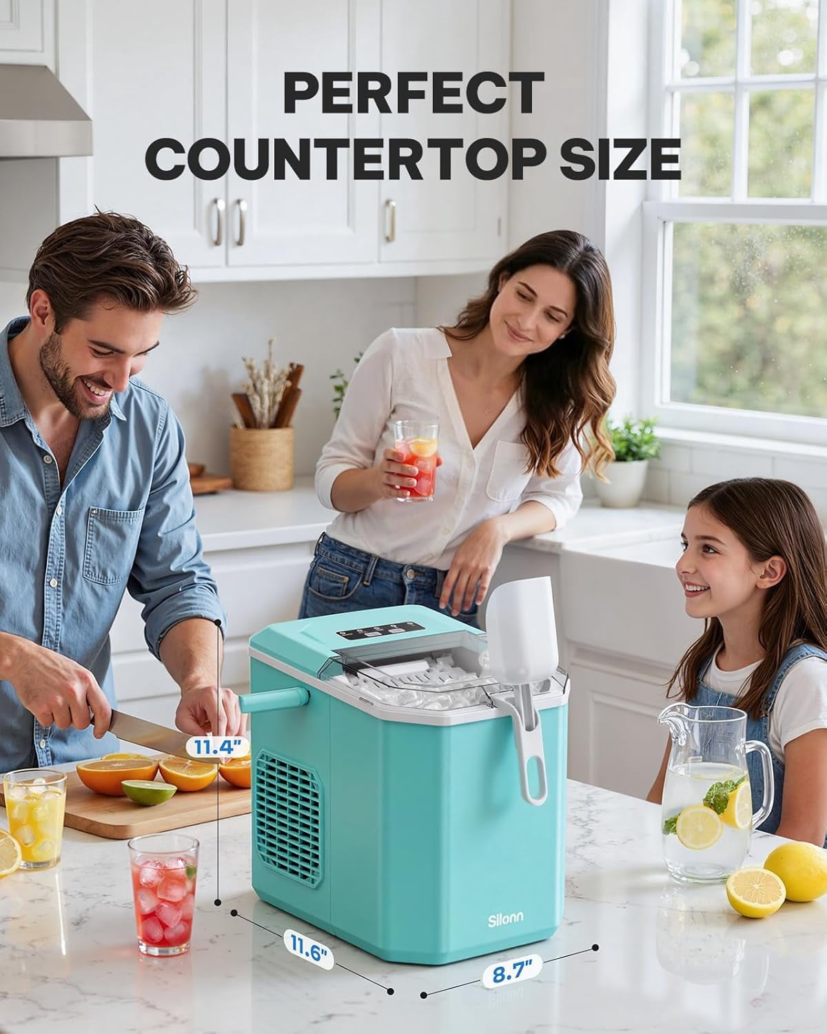 Ice Maker Countertop Machine with Handle, 26lbs in 24h, 9 Ice Cubes Ready in 6 Mins, Self-Cleaning Ice Makers with Basket and Scoop, Ideal for Home, Kitchen, Camping, RV