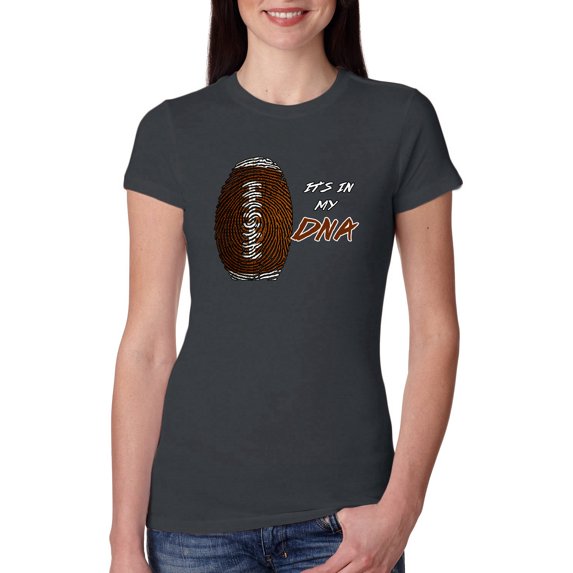 Wild Bobby, Football Fingerprint It's In My DNA, Sports, Women Slim Fit Junior Tee, Dark Grey, X-Large
