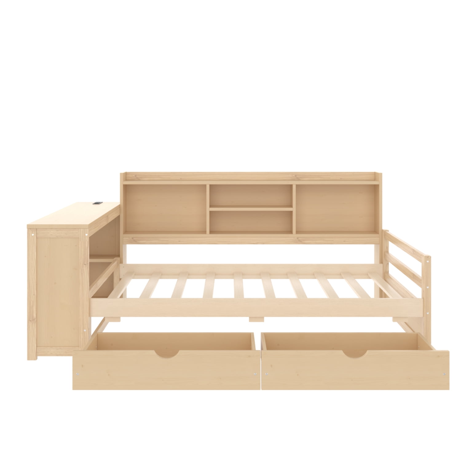 Leumius Twin Size Corner Bed with Desk and Storage Bookcase,Modern Daybed with 2 Drawers,Twin Size Wood Bed Frame with Charging Station,Natural