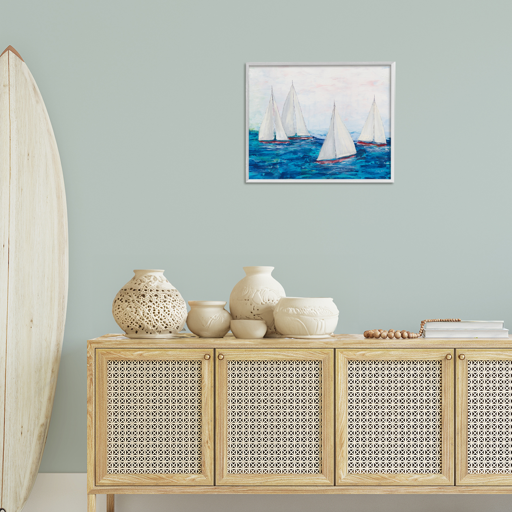 Stupell Industries Sailboat Fleet on Ocean Coastal Painting White Framed Art Print Wall Art, 20 x 16