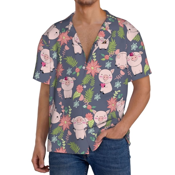 Balery Pigs 1 Camisa Casual de Manga Corta con Botones para Hombre, Texturizada, Estilo Cubano, para Playa, Verano-4X-Large