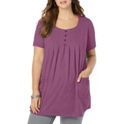 XPENYO Women's Plus Size Two Pocket Top Short Sleeve Babydoll Pleated Blouse Size M