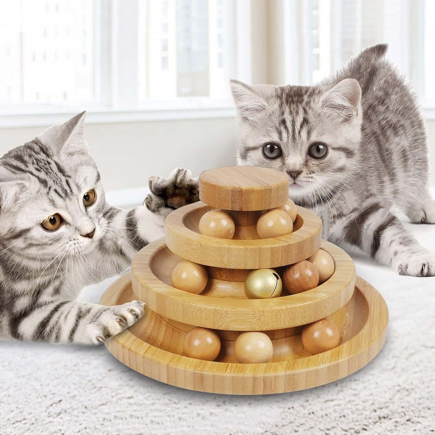 1pc Natural Bamboo Cat Ball Track Toy - 3 Layer Tower, 9 Detachable Balls, DIY Interactive Toy for Kitten's Exercise, Entertainment, and Festival Gifts