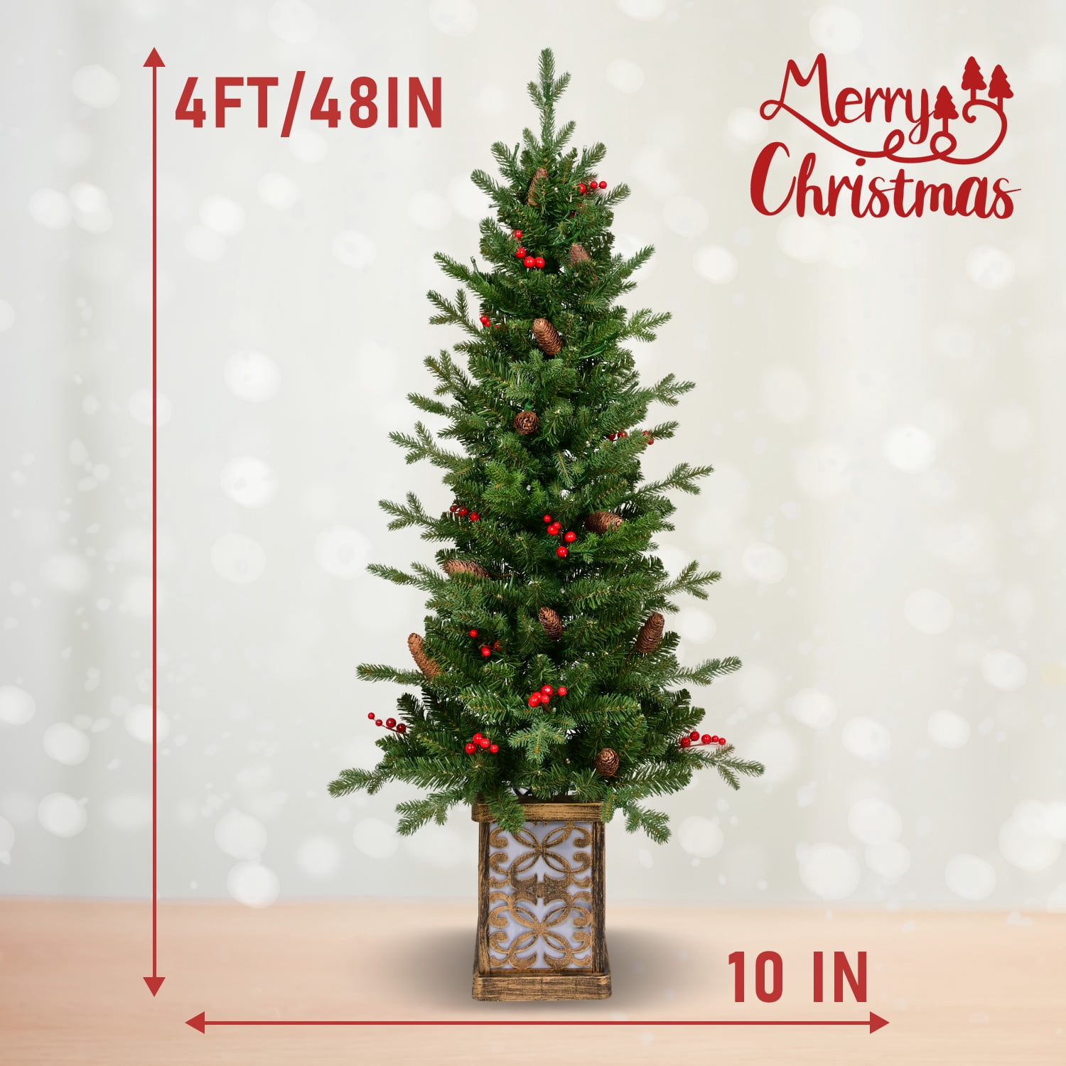 Sparkling Glitter Base Prelit Christmas Tree 100 LED Lights Berries Cones PE PVC Tips Holiday Decor