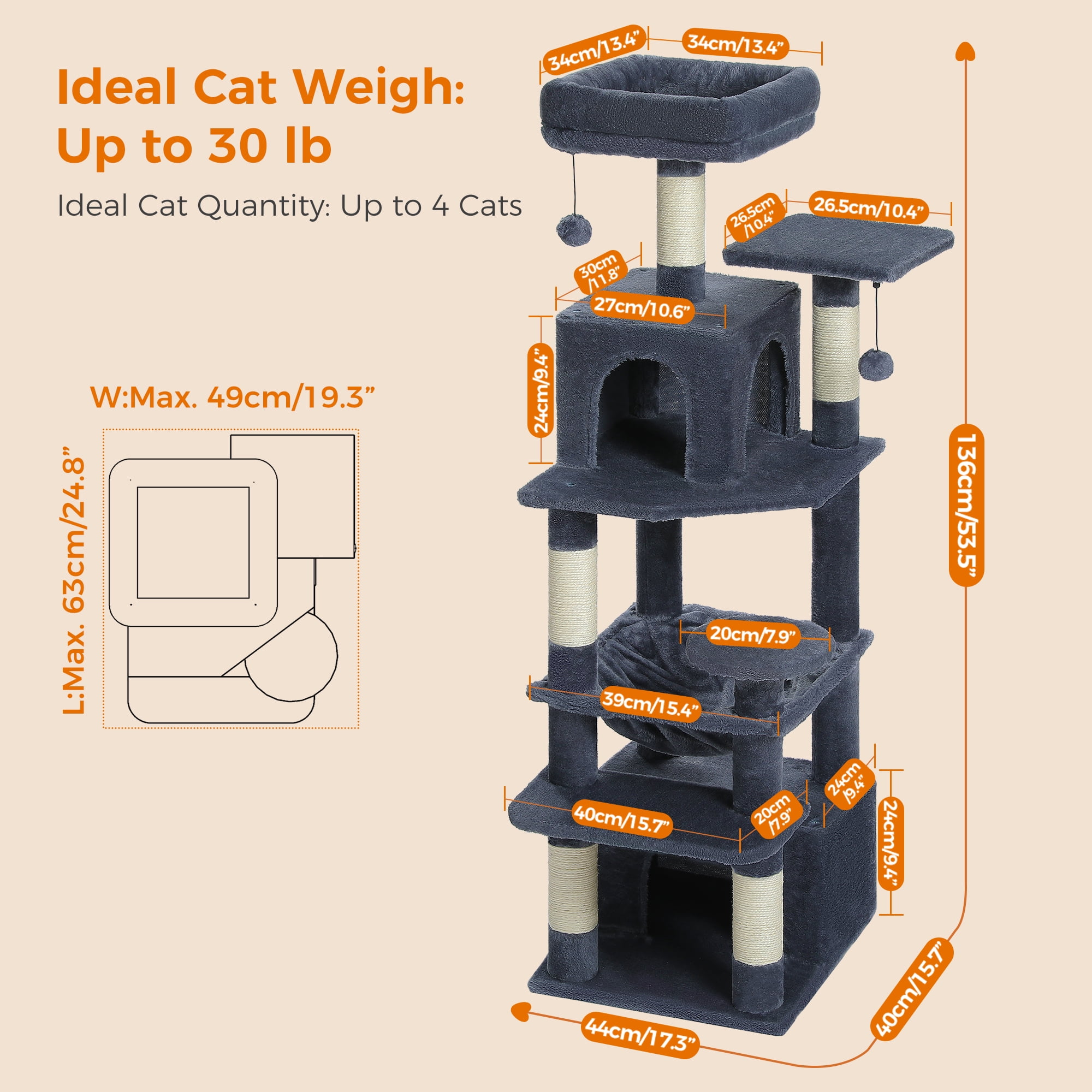 Pefilos 53" Tall Cat Tree Tower with Spacious Hammocks, Condos and Scratching Posts, Cat House with Dual Padded Perches for Indoor Large Cats, Dark Gray