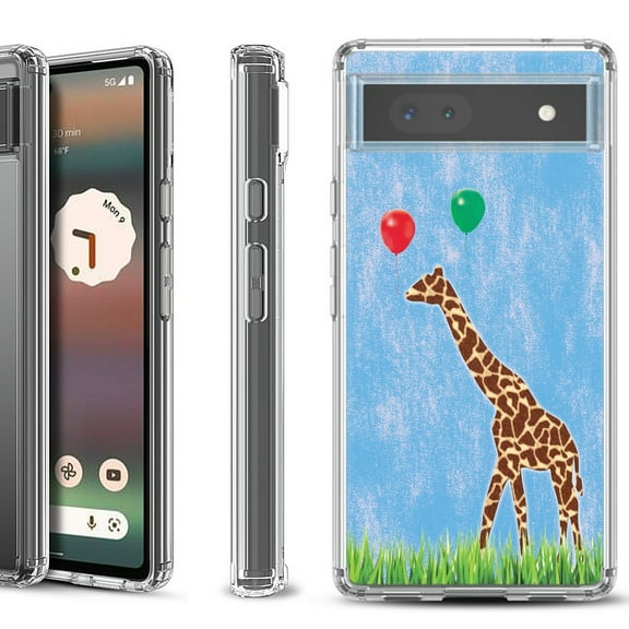 Shockproof Bumper Phone Case for Google Pixel 6a, by OneToughShield ® - Giraffe/Balloon