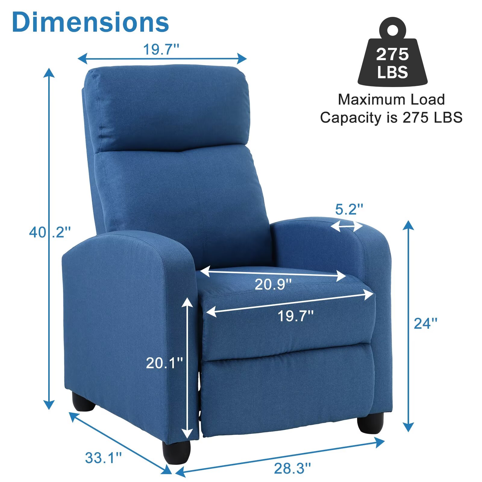 YRLLENSDAN Fabric Recliner Chair for Living Room Home Theater Seating, Adjustable Single Sofa for Adults, Reading Chair with Padded Seat Backrest and Footrest, Blue