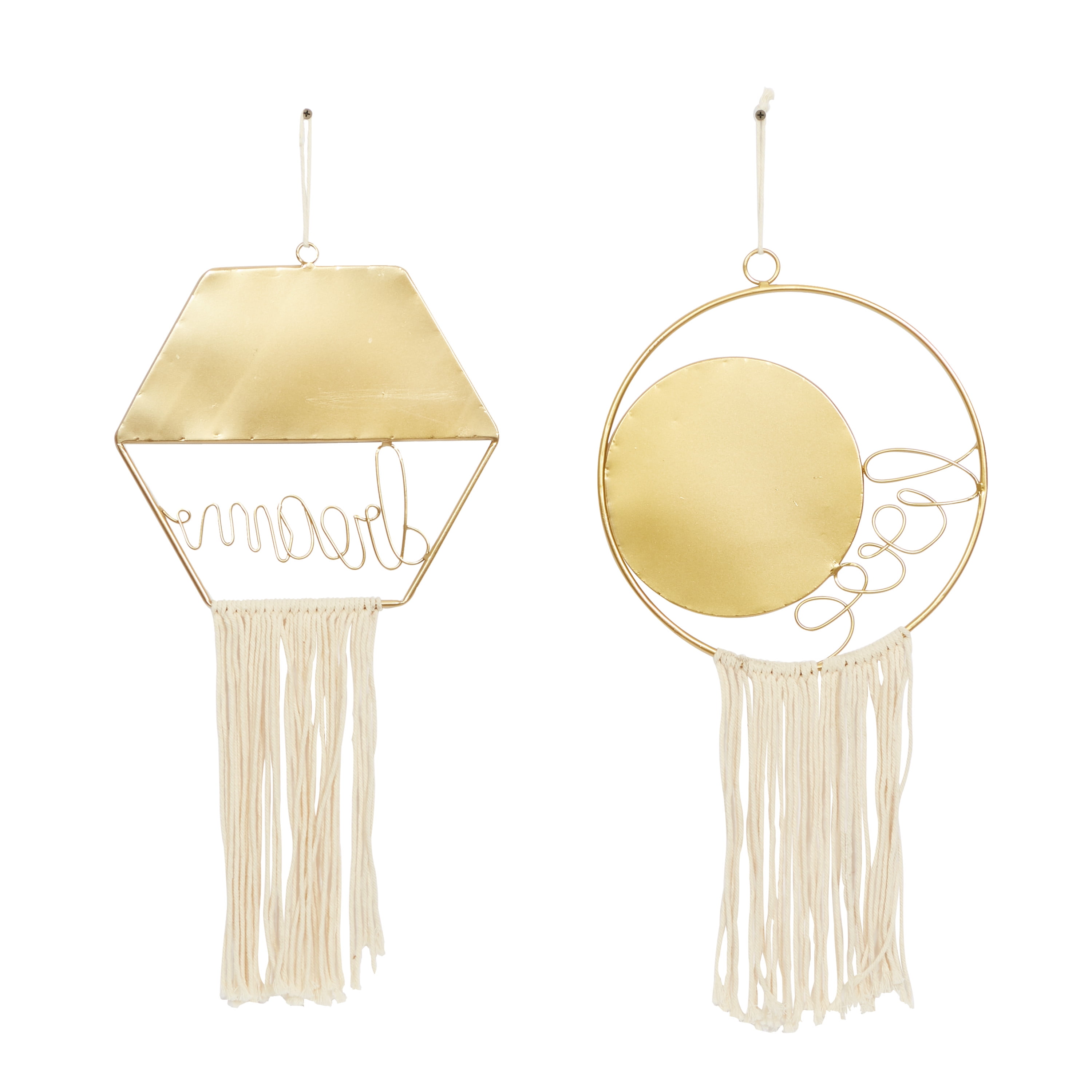 DecMode 27", 28"H Gold Handmade Dream, Love Wall Mirror with Fringe Tassels, Set of 2