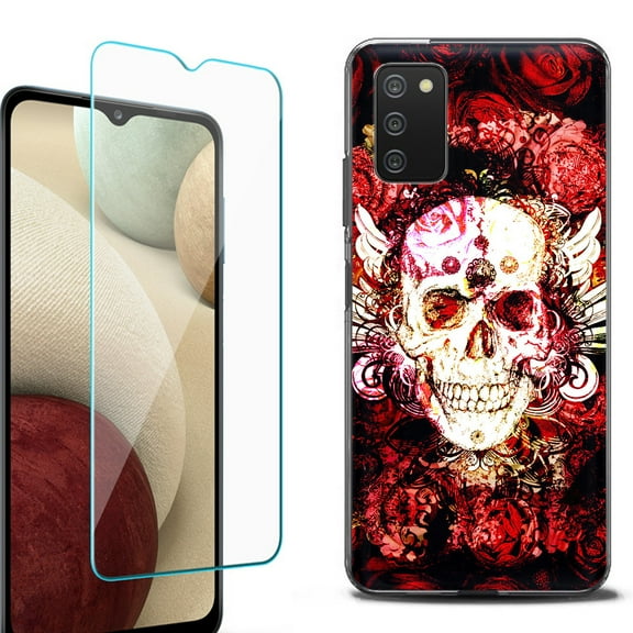 Slim-Fit Protective Fashion Phone Case (Black) for Samsung Galaxy A03s, with Tempered Glass Screen Protector, by OneToughShield ® - Rose Skull