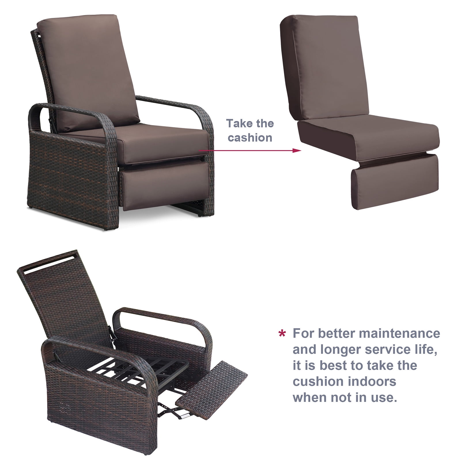 JP Outdoor Replacement Cushion for for Indoor or Outdoor Recliner Chair,Removable Cover,5.5” Thick,Anti-fade & Waterproof,Brown