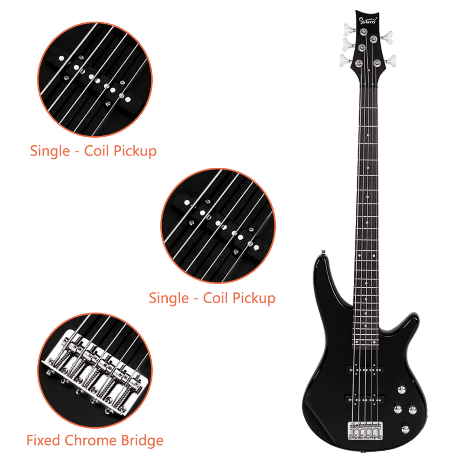 Hassch 5 String Electric Bass Guitar, Full Size Bass Kit with Bag, Strap, Pick, Connector and Wrench Tool, Black