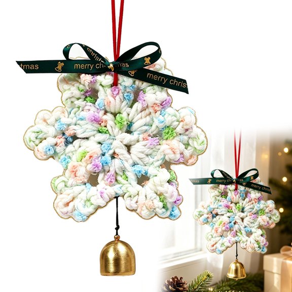 Crochet Snowflake Christmas Ornament with Bell Handmade Yarn Hanging Decoration with Ribbon, Wall Hanging, Wall Hangings Set, Hanging Wall Decor