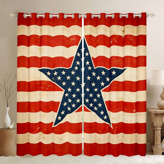 Manfei Retro Stars Kitchen Curtains, American Flag Stripe Black Out Curtains Pack of 2 (42x63 Each), Red White Blue