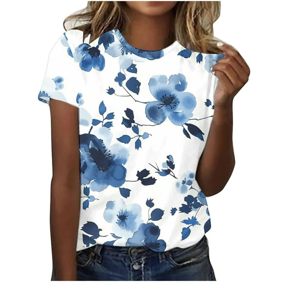 Hvyesh Floral T Shirt for Women Round Neck Graphic Tees Short Sleeve Casual Basic Tops 2025 Summer Regular Fit Blouses Tee
