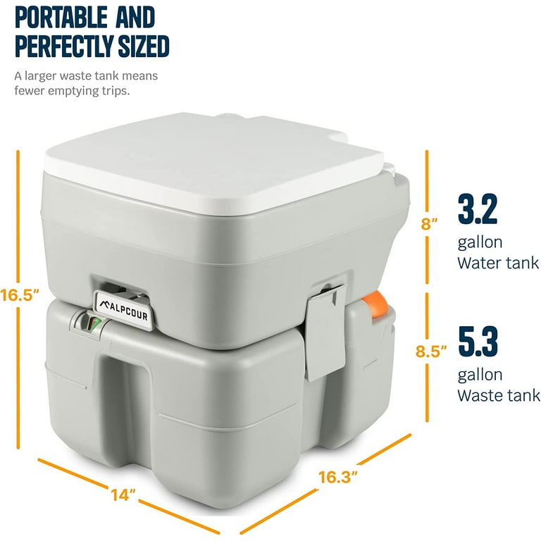 Alpcour Portable Toilet – Compact Indoor & Outdoor Commode w/Travel Bag for  Camping, RV, Boat – Piston Pump Flush, 5.3 Gallon Waste Tank, Built-In