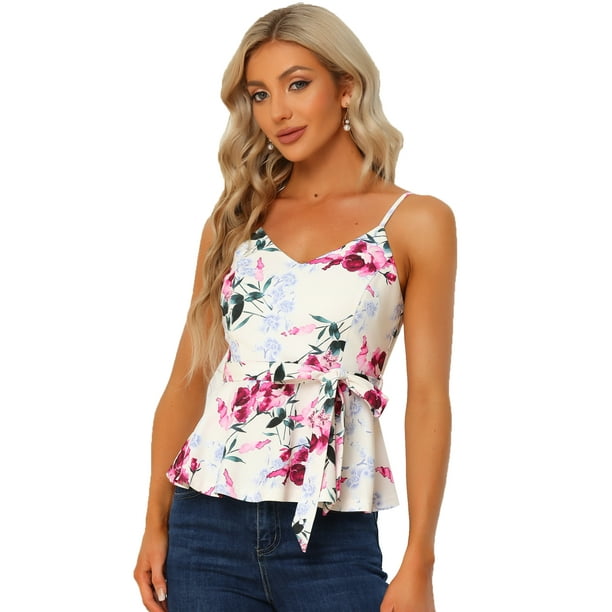Cami floral sin mangas Allegra K para mujer Tank top con cuello en V y corbata en la cintura Peplum Blusa Beige M