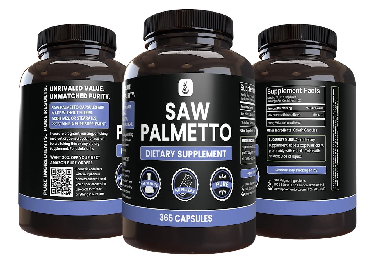 PURE ORIGINAL INGREDIENTS Saw Palmetto 365 Capsules No Magnesium Or Rice Fillers, Always Pure, Lab Verified