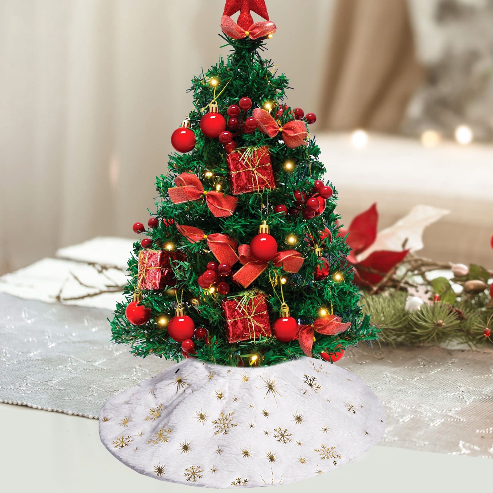 Jupe De Sapin De Noël Blanche à étoiles Dorées - Tissu Doux, Taille 38x38 Cm - Décoration Festive Pour Pied De Sapin