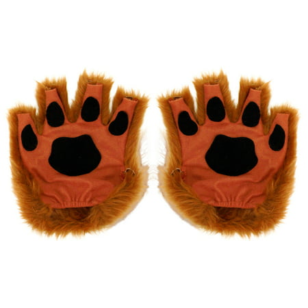 Brown Paw Fingerless Gloves for Adults, One Size, Faux Brown Fur with Paw Pads