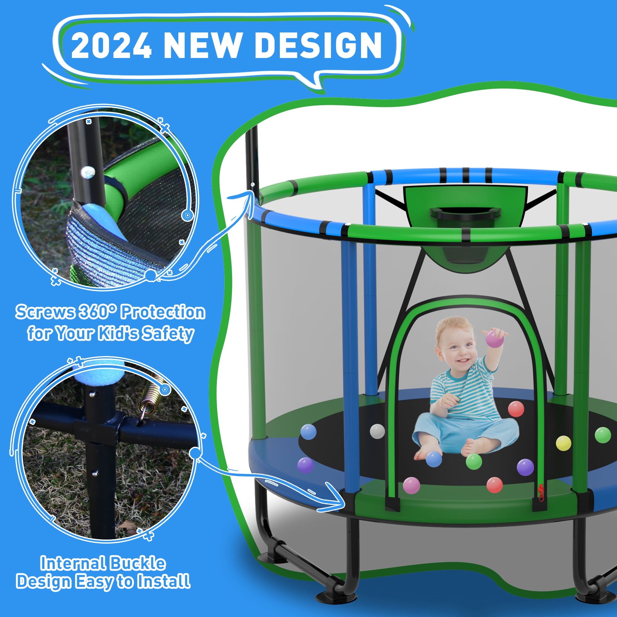 CITYLE 600LBS Trampoline for Toddlers 5.5FT 66'' Indoor Mini Trampoline for Kids with Enclosure, Basketball Hoop, Swing, Adjustable Bar, Small Toddler Trampoline Gifts for Boys & Girls
