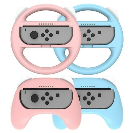 Mytrix Racing Steering Wheels Hand Grips Accessories For Nintendo Switch Joy Con with Kawaii Cat Ears - Pink and Blue 4 Pcs