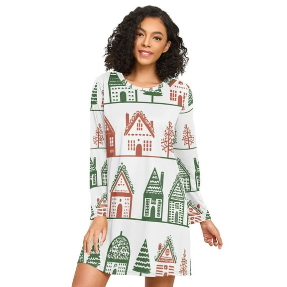 FORMRS Womens Long Sleeve Nightgowns Crew Neck Sleep Shirt Soft Pajamas Sizes S-3XL, White Christmas House