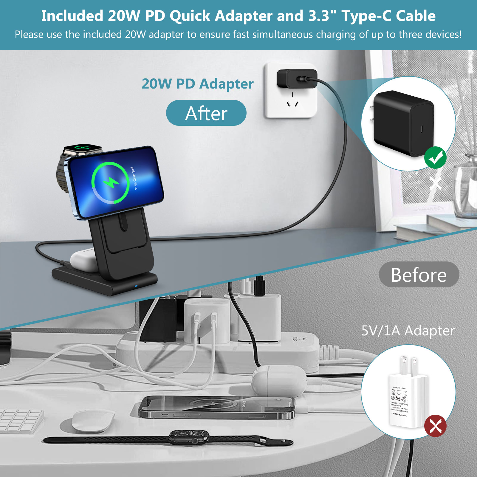 Smtcsl 3 in 1 Wireless Charging Station 10000mAh Power Bank MagSafe for iPhone, Apple Watch
