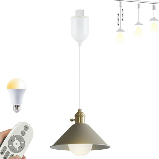 FSLiving Adjustable Levitate Track Pendant Light H-Type Retractable Lift Track Lamp with Khaki Metal Cone Shade Remote Control Dimmable Color Changing Light for Kitchen Island Living Room - 1 Light