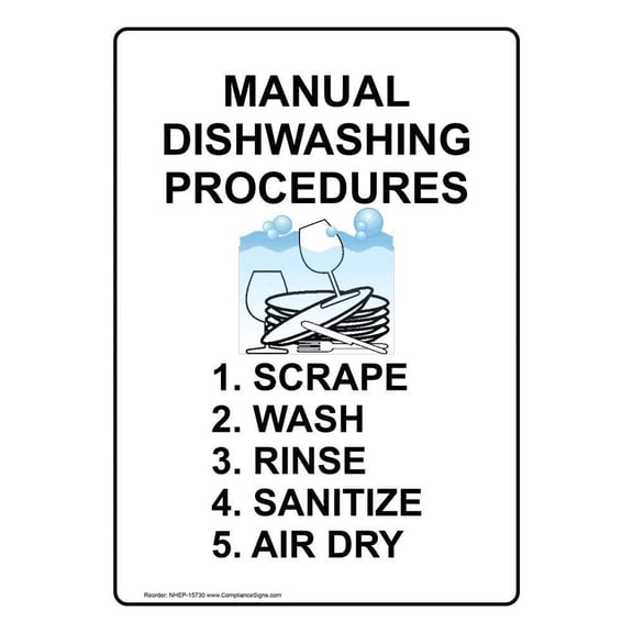 Vertical Metal Manual Dishwashing Procedures Tin Sign with English Text and Symbol, White Size: 12 x 16 inch