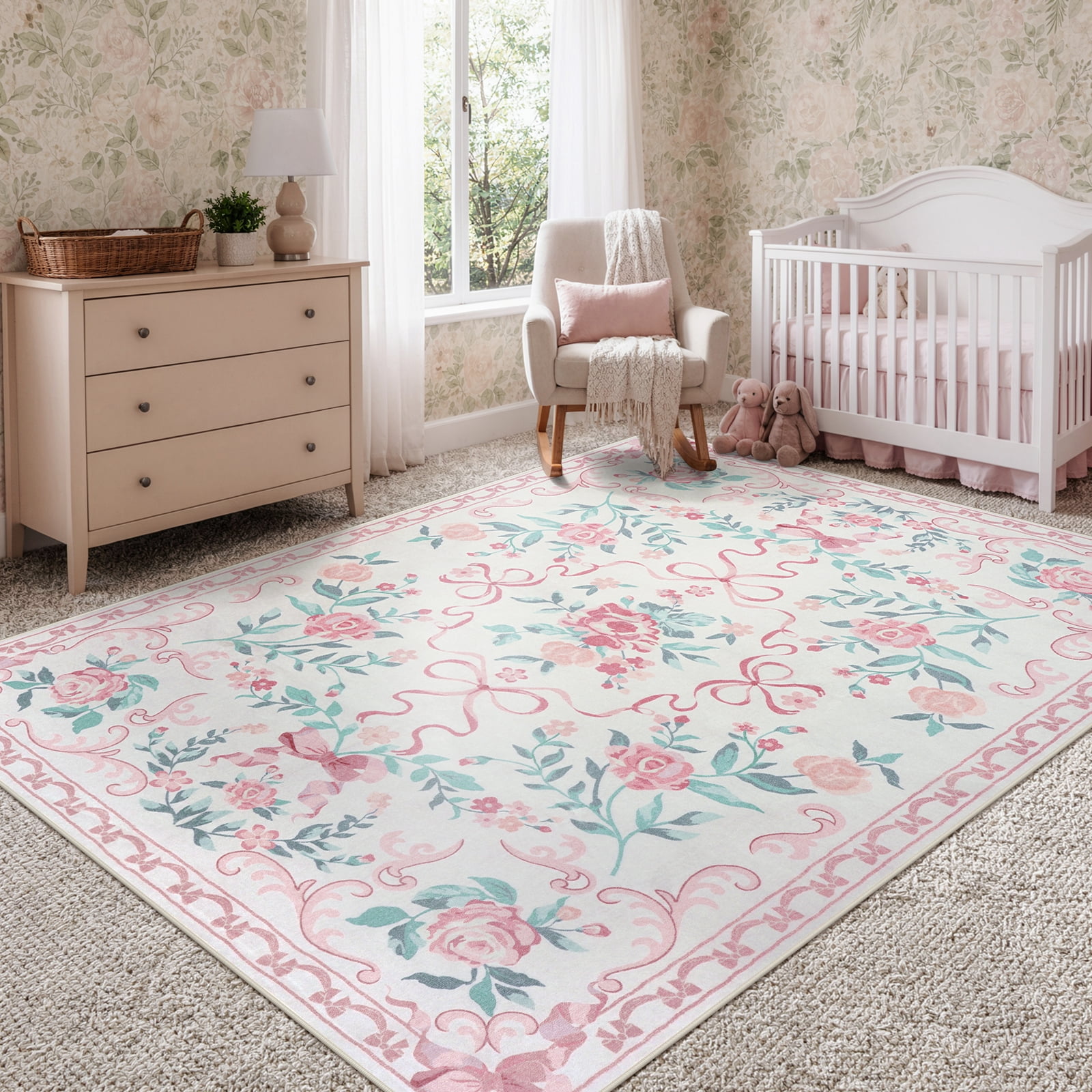 Lahome Washable 5'x7' Floral Bow Area Rug, Pink Rugs for Living Room, Soft Ultra-Thin Non-Slip Carpet for Girls Bedroom Nursery Dorm Kids Room Playroom, Pink