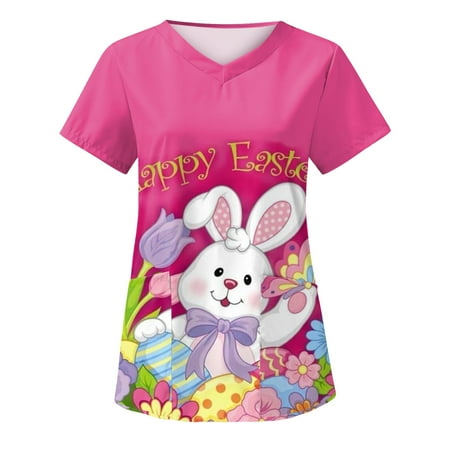 

Happy Easter Bunny Rabbit Graphic Funny Easter Day Women Scrubs Top Nurses Clothing Workwear Working Uniform T-Shirt Girls Short Sleeve Leisure T-Shirt