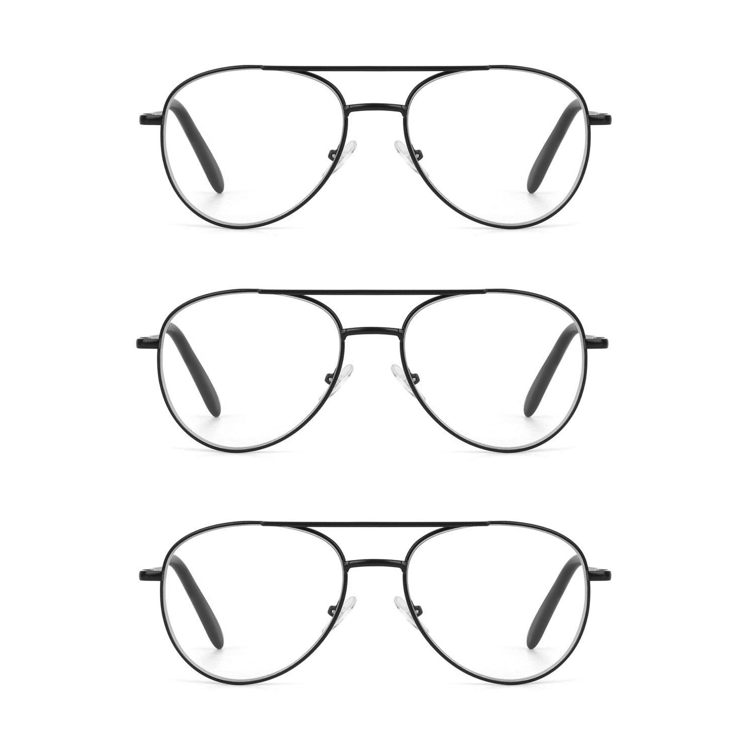 EYE ZOOM 3 Pack Aviator Style Metal Frame Blue Light Blocking Reading Glasses (Black, +3.00 Strength)