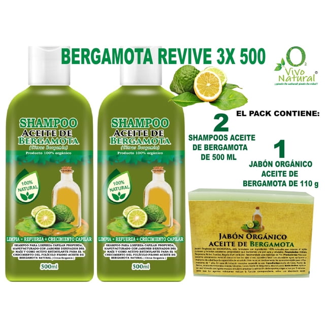 Bergamota Revive 3X 500 VIVONATURAL. 2 Shampoos Aceite de Bergamota 500 ml + Jabón Orgánico Aceite de Bergamota 110 ml