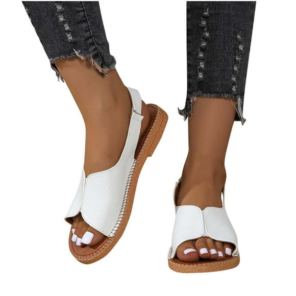 Flat Sandals for Women Slingback Slip on Open Toe Split Joint Solid Color Leather Summer Sandals White