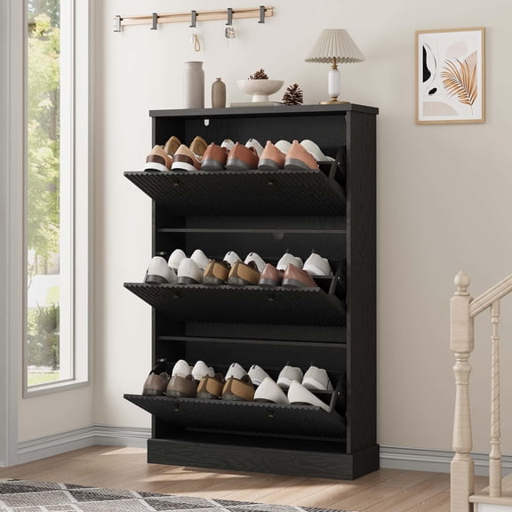 Black Shoe Cabinet with 3 Flip Drawers, Hidden Wooden Fluted Shoe Cabinet with Adjustable Shelf, Freestanding Shoe Storage Cabinet for Entryway Hallway, Living Room
