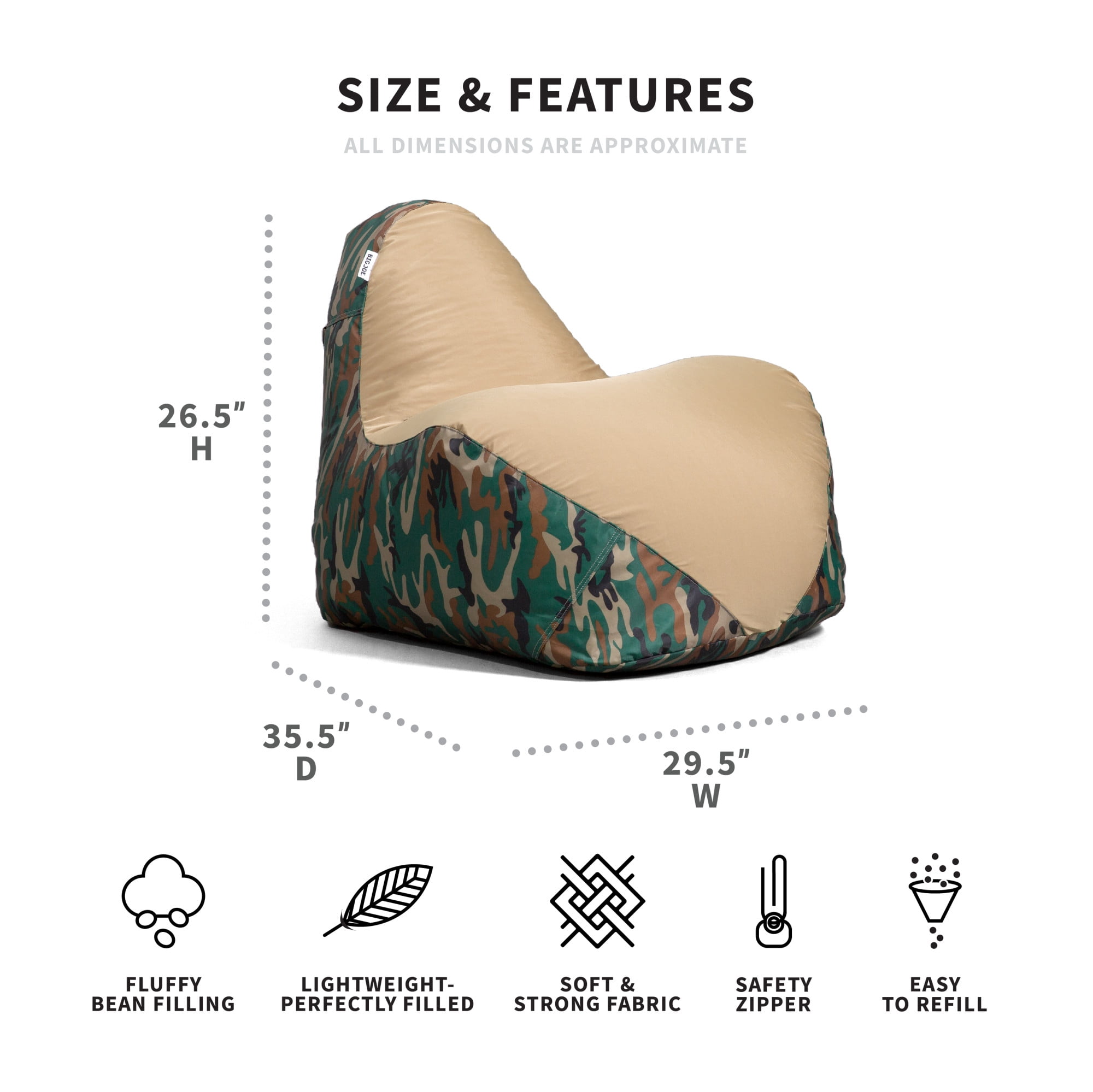 Big Joe Warp Bean Bag Chair, Green Woodland Camo Smartmax, Durable Polyester Nylon Blend, 3 feet