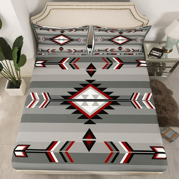 Western Boho Bedding Sets Twin Southwestern Aztec Bed Sheets Bohemian American Fitted Sheet Adults Men,Exotic Tribal Geometric Bed Sheets Farmhouse Home Room Decor(No Top Sheet)